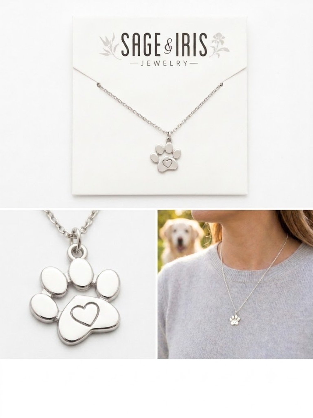Sage & Iris Silver Paw Print Necklace with Extender – New